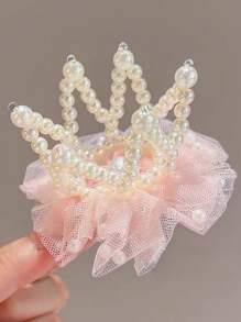 1pc Pink Hairpin Children's Pearl Crown Headband For Girls' Birthday First Birthday Hair Accessory Princess Top Hair Clip Net Fabric Hair Accessory