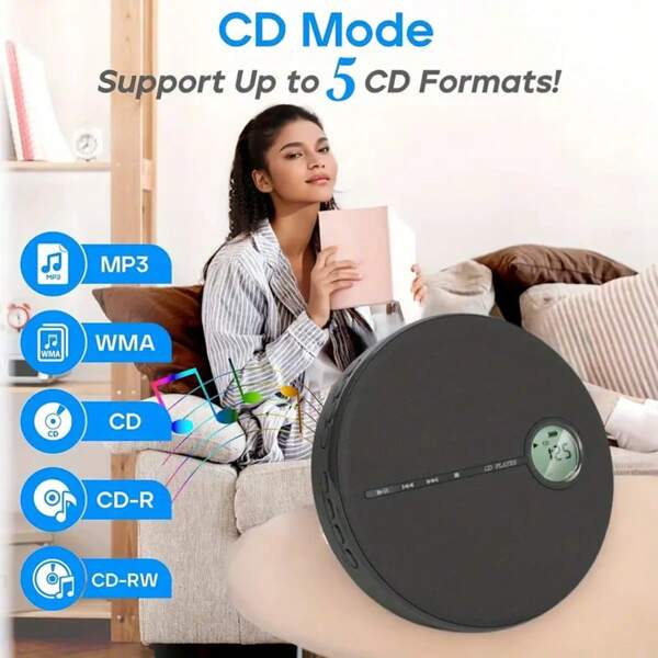 [多功能 CD 播放器] 多功能 CD 播放器 - 可充电电池、USB 播放、立体声、播放速度控制、AUX 连接到汽车、立体声耳机插孔