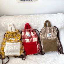 Women Shoulder Bags - 圈圈呢束口雙肩包-棕綠條紋 - 查看 2