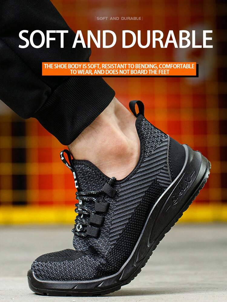 1 par de zapatos de con puntera de acero, parte superior de malla, ligeros y cómodos, antideslizantes y transpirables, zapatos deportivos de duraderos con suela antichoques, antipinchazos y amortiguadora, adecuados para obras de construcción, jardinería, almacenes, mantenimiento diario y otros trabajos - Negro - Añade 1