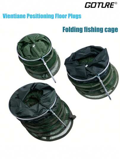 GOTURE قفص صيد سمك قابل للطي مع حماية حافة، قابس أرضي متعدد الاستخدامات، حلقة فم مصنوعة من سبيكة الألومنيوم مسمكة، قاع مقوى بخمسة أسلاك متقاطعة مع إبزيم يدوي، حلقة سلك فولاذي لشبكة معدات الصيد المضادة للتعليق