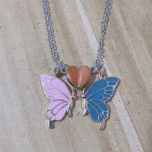 2 Stücke/Set leuchtender Schmetterling Herz Anhänger Halskette, Retro Paar/BFF/Valentinstag Geschenk