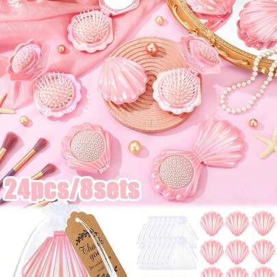 18件/6套 - 婴儿派对回礼、性别揭晓派对用品、迷你折叠旅行梳子带镜子贝壳形口袋化妆镜、婚礼派对散装梳子回礼、便携式钱包旅行镜刷套装（包含感谢标签和欧根纱袋）