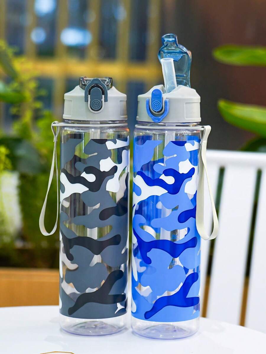 1件 26oz/750ml 迷彩印花塑膠水瓶，運動水杯，便攜防漏，適合健身、運動、跑步、開學使用