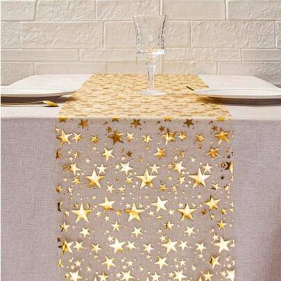 1 件金色箔星印花桌旗，11 英寸 x 108 英寸，金属质感涤纶面料，适用于节日、春季、婚礼桌布、婚礼装饰、家居装饰、房间装饰、派对礼物、新娘生日装饰、单身派对、圣诞节装饰、家居圣诞礼物、圣诞装饰