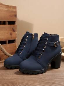 1 đôi bốt cổ ngắn unisex màu trơn, thời trang, năng động, thích hợp đi làm, hoạt động ngoài trời, có khóa kéo và khóa cài bên hông, bốt cao gót nữ, phù hợp cho kỳ nghỉ, tiệc tùng, hoạt động ngoài trời, mọi mùa, bốt cao gót đế dày chống thấm nước, màu đen - Màu xanh hải quân - Xem 7