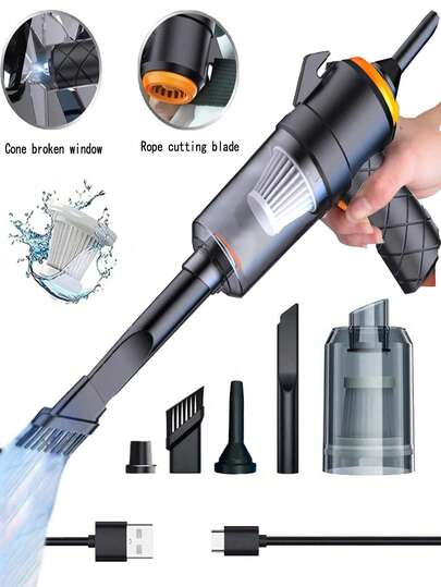 Aspiradora mini 6 en 1, alta potencia, súper succión, con funciones de emergencia: cuchilla para cortar cinturones de seguridad, cono puntiagudo para romper ventanas; batería de litio recargable de ultra alta duración, aspiradora portátil imprescindible para vacaciones, veranos y viajes, aspiradoras para recolección de polvo, aspiración, inflado y otras funciones. Dimensiones del producto: Longitud: 16 cm/6.3 in Altura: 17 cm/6.7 in