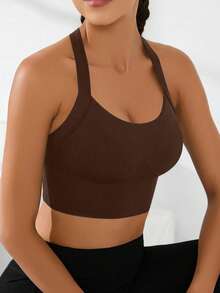 Plus-Size Seamless High-Elasticity And High-Support Sports Bra,Women Plus-Size Underwear Detachable Chest Pad With Cross-Strap Design,Women's Fitness Solid Color Simple Plus-Size Yoga Bra,Women Soft And Comfortable Plus-Size Sports Tops - 棕色 - 查看 4