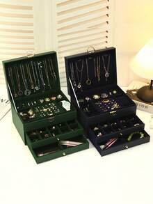 三层优雅仿皮首饰盒带锁，大容量双项链、耳环、戒指收纳，柔软抽屉，送给女士和女孩的理想礼物，波西米亚风格，可拆卸托盘，桌面安装，女士首饰盒收纳整理器旅行必需品返校宿舍收纳秋季装饰