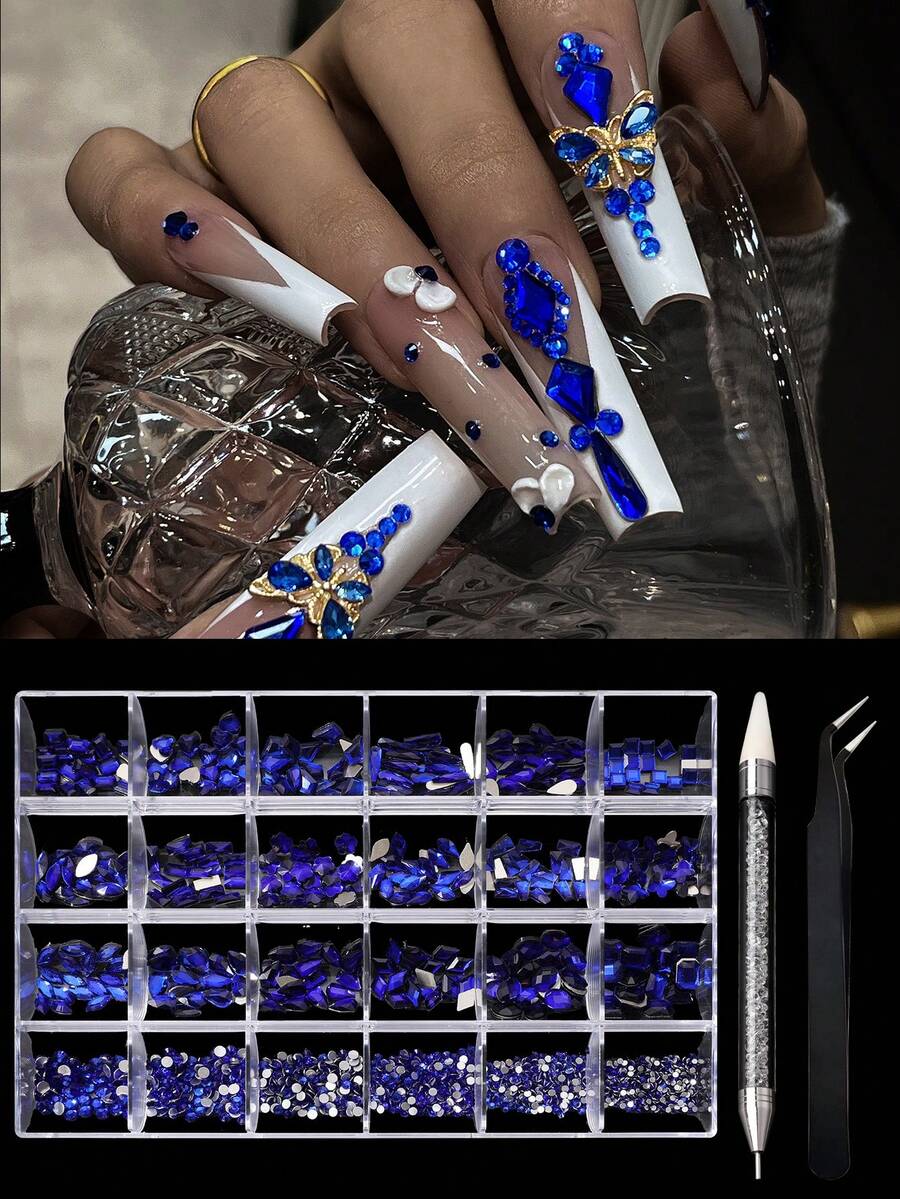 美甲 24 格深蓝色 Y2K 美学水钻装饰套装 - 扁平和不对称形状指甲装饰 DIY 指甲饰物指甲宝石指甲用品，配有笔和镊子，适用于美甲沙龙和个人用户指甲 - 寶藍色 - 查看 1