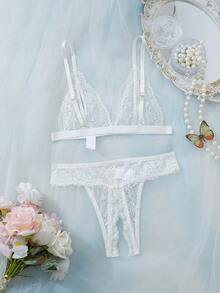 2 件花卉蕾丝内衣套装，开杯文胸和开裆丁字裤，性感女士内衣和睡衣套装 - 白色 - 查看 3