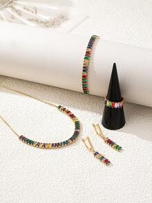 Conjunto de 5 peças de colar, pulseira, anel e brincos de zircônia coloridos minimalistas e modernos para mulheres (cores de pedras preciosas sortidas aleatoriamente) - Ouro amarelo - Ver 5