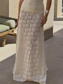 Women's Lace Sheer Sexy Elegant Solid White Maxi Skirt, See Through Suitable For Beach Vacation - White - View 7