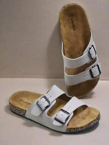 时尚扣平底软木拖鞋，沙滩风格夏季系带户外休闲凉鞋 - 米色 - 查看 3