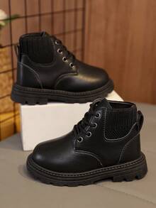 1 par de botas elásticas para niños, tela de PU de unicolor suave y cómoda, diseño de cuello elástico ajustado, cordones delanteros y punta redonda, suela gruesa y cálida que aumenta la altura, estilo británico de moda, botas de tobillo adecuadas para niños y niñas para uso diario casual en interiores y exteriores en otoño/invierno, nuevo - Negro - Ver 5