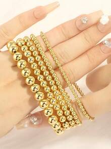 7pcs Retro Minimalist Beaded Bracelet Set, Elegant CCB Material, Suitable For Women, Daily, Commute, Date, Party, Holiday, Girlfriend Birthday Gift - Yellow Gold - View 2