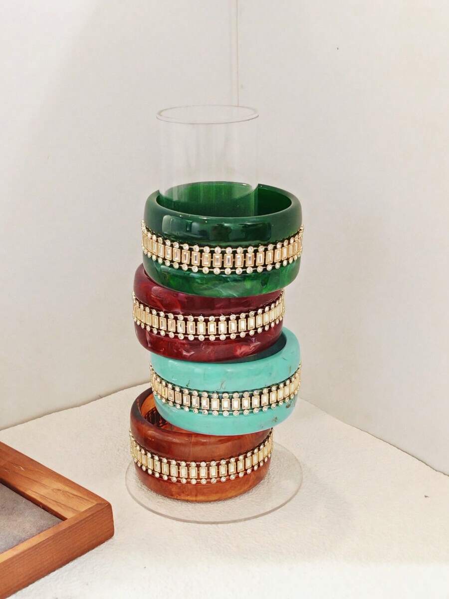 1 件时尚复古扎染树脂水钻镶嵌宽手链，适合女性参加派对佩戴 - 鑲鑽手鐲 - 查看 1