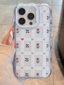 Cute Red Cherry Flower Lace Pendant Wavy Side Jelly Phone Case Compatible With IPhone 16 15 14 13 Pro Max With Lace Cherry Pendant Lovely Soft Back Cover For Girl Waterproof Shockproof Anti-Fall Scratch Resistant