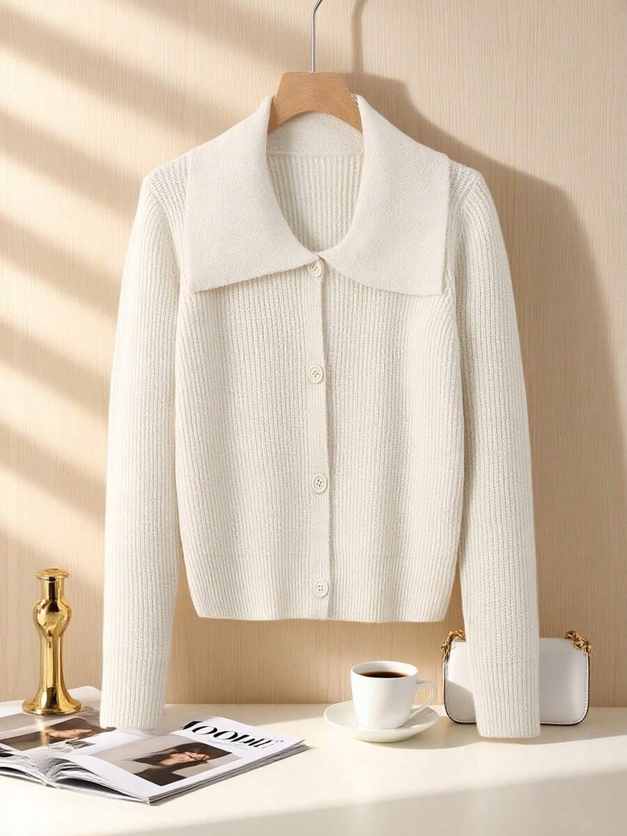 1pc Women's Solid Color Collar Cardigan, Knitted, Front Button Pocket, Ribbed, Suitable For Return To School, Party, Travel And Everyday Wear