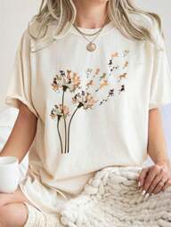 Tshirt Feminina Estilosa Estampada 4584F-Dente-de-Leão Pinscher Voando Lançamento Camiseta 100% Algodão Camisetão Solta Oversized Plus Size Camiseta