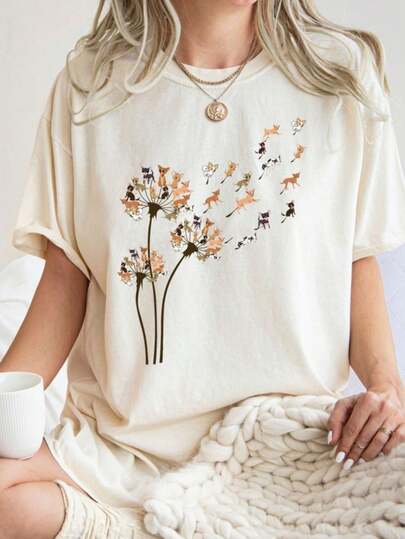 Tshirt Feminina Estilosa Estampada 4584F-Dente-de-Leão Pinscher Voando Lançamento Camiseta 100% Algodão Camisetão Solta Oversized Plus Size Camiseta