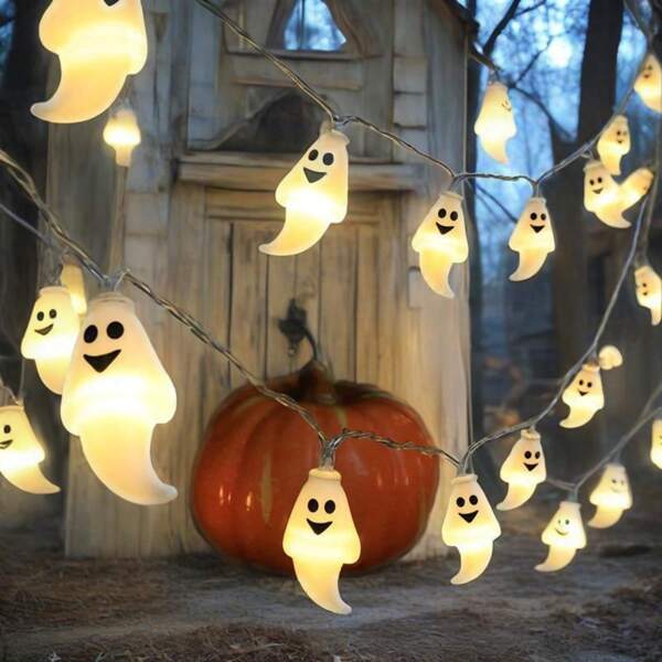 1pc 1.5M/4.92Ft Or 3M/9.84Ft Halloween LED Ghost String Lights, Smiling Horror Ghost Fairy Lights, Halloween Decor Lights For Indoor, Outdoor, Haunted House, Porch, Patio, Garden, Party, Halloween Decoration