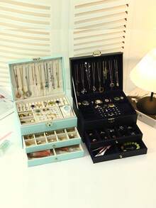 三层优雅仿皮首饰盒带锁，大容量双项链、耳环、戒指收纳，柔软抽屉，送给女士和女孩的理想礼物，波西米亚风格，可拆卸托盘，桌面安装，女士首饰盒收纳整理器旅行必需品返校宿舍收纳秋季装饰