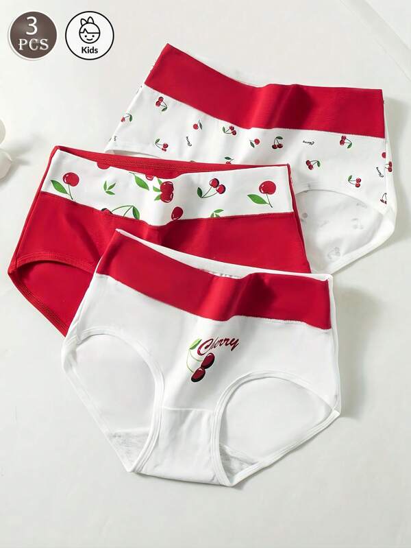 3 piezas Bragas de algodón de cintura alta para adolescentes, ropa interior sin costuras con estampado de cerezas, linda y sencilla