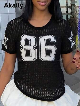 Akaily Summer Street Solid Color Mesh Loose Tops Short Sleeve O-Neck Letter Print See Through T-Shirt Causal For Women