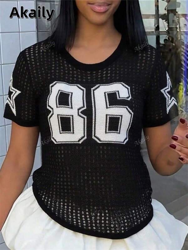 Akaily T-shirt d'été décontracté pour femmes, couleur unie, maille lâche, manches courtes, col rond, imprimé lettres, transparent