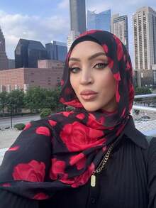 1件装女士波西米亚水彩印花头巾，多功能轻薄围巾，适合所有季节 - 黑色 - 查看 13