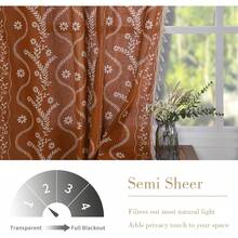 84 Inch Length Boho Farmhouse Curtains Living Room 2 Panels, Linen Semi Sheer Vintage Printed Floral Orange Rustic Curtain Drapes, Terracotta - Black - View 4
