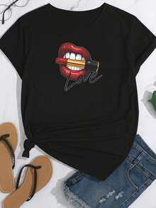 Camiseta de manga corta con estampado de LABIOS CON BILE LOVE, de cuello redondo, playeras para mujer, blusas gráficas para mujer - Negro - Ver 1