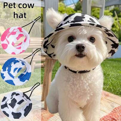 1pc Pet Bucket Hat - Ear Exposed Design, Adjustable, Sun Protection Hat For Cats & Dogs, Suitable For Small/Medium/Large Pets, Cow Print Design, Photo Prop For Puppies & Kittens, Pet Clothing Accessory