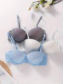 3pcs Minimalist Sexy Solid Color Lace Patchwork Spaghetti Strap Bras For Women - Multicolor - View 4