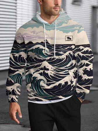 Herrtröja med dragsko, gatumode, casual-tröjor med 3D-digitaltryck av havsvågsmönster, lämplig för vår, höst och vinter