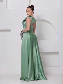 Long Dress For Bridesmaid – One Shoulder With Ruffle And Slit Elegant Simple Elegant Party Satin Side Opening Zipper Pleated Bridesmaid Civil Wedding Debutante Graduate Formal And Evening - 薄荷綠 - 查看 3