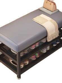Upholstered Bench And Shoe Rack With 2 Organizing Shelves Entryway Seat Industrial Shoe Organizer Pouffe - Grey - View 2