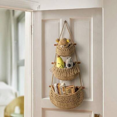 3-laags afneembare, aan de muur hangende, geweven mand, minimalistische Scandinavische boho-stijl opbergmand voor speelgoed, sleutels en glazen