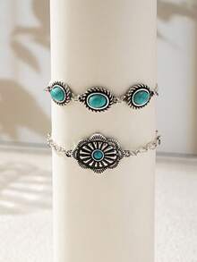 2pcs Western Style Turquoise Bracelets Set, Suitable For Daily Wear - Multicolor - View 5