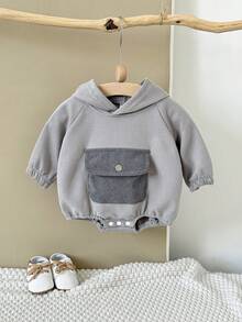 新生男童衣服灯芯绒口袋休闲可爱连帽灰色长袖紧身衣，春秋季 - 深灰色 - 查看 4