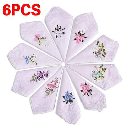 6Pack Ladies Womens Hankies Handkerchiefs Poly Cotton White Floral Print