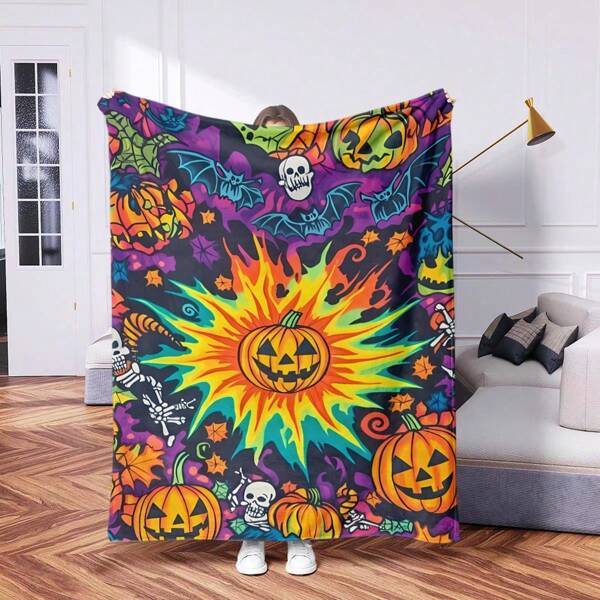 1pc Contemporary Flannel Trending Halloween Design Pumpkin Skull Pattern Blanket - Comfortable Warm Digital Printed Knit Throw Blanket, Suitable For Napping, Sofa, Office, Camping, Multipurpose Gift, All Seasons