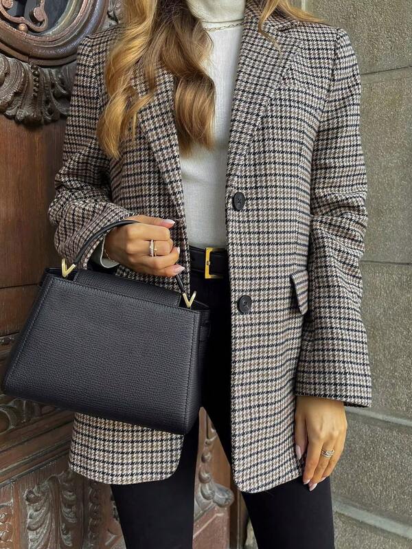 Blazer de mujer estilo pata de gallo de manga larga con bolsillos, chaqueta de entretiempo