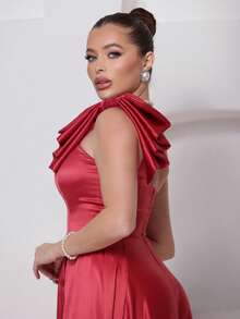 Long Dress For Bridesmaid – One Shoulder With Ruffle And Slit Elegant Simple Elegant Party Satin Side Opening Zipper Pleated Bridesmaid Civil Wedding Debutante Graduate Formal And Evening - 珊瑚粉 - 查看 6