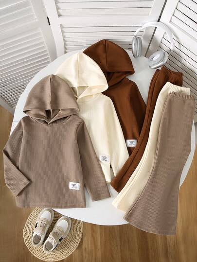 3 Sets (6pcs) Girls Casual Soft Knit Fabric Long Sleeve Hooded Top And Flared Pants Outfit, Suitable For Outdoor Wear, Autumn/Winter