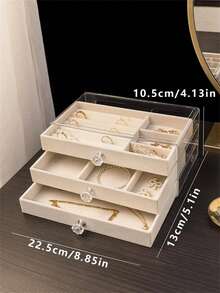 3 Tier Jewelry Box, Polished Plastic Desktop Organizer With Velvet Lining, Crystal Handle, Rectangular, Jewelry Storage Organizer, Home And Kitchen Multi-Purpose Organizer, Classic Style, Halloween Gift Ideas, Jewelry Boxes - Multicolor - View 2