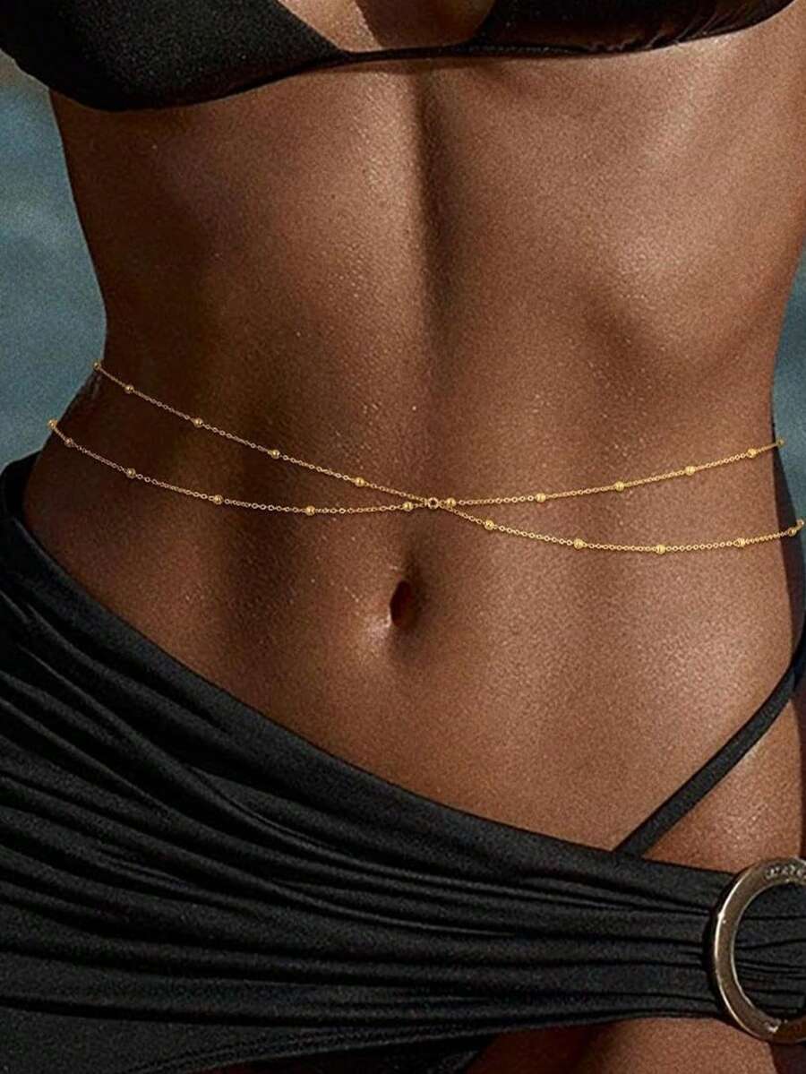 A Simple And Fashionable Satellite Bead Necklace, Sexy Bikini Waist Chain, Body Chain, Suitable For Summer Women's Jewelry, A Small Gift For Girlfriends - 金色 - 查看 1