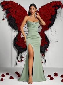 Elisanya Rhinestone Pleated Backless High Waist Split Evening Party Dress, Banquet Prom Gown - Green - View 1
