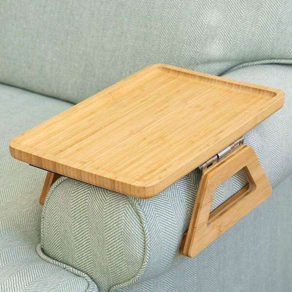 1pc Bamboo Sofa Armrest Tray, 12.99 X 9.44in Folding Sofa Armrest Desk Clip-On Couch Tray, Sofa Arm Tray For Placing Beverages Snacks Telephones Remote Controls (33 X 24cm)